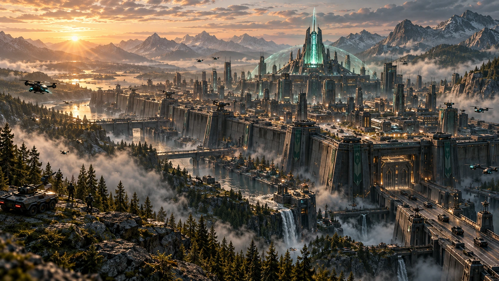 A futuristic fortified city with a teal energy spire amid mountains at sunrise